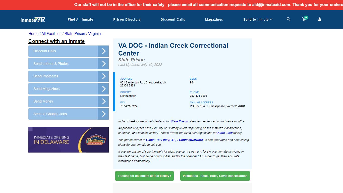 VA DOC - Indian Creek Correctional Center & Inmate Search | Visitation ...