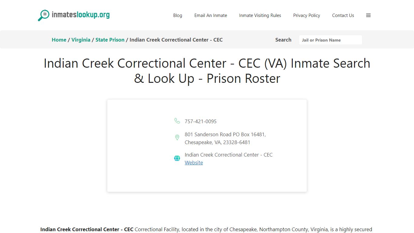 Indian Creek Correctional Center - CEC (VA) Inmate Search & Look Up ...